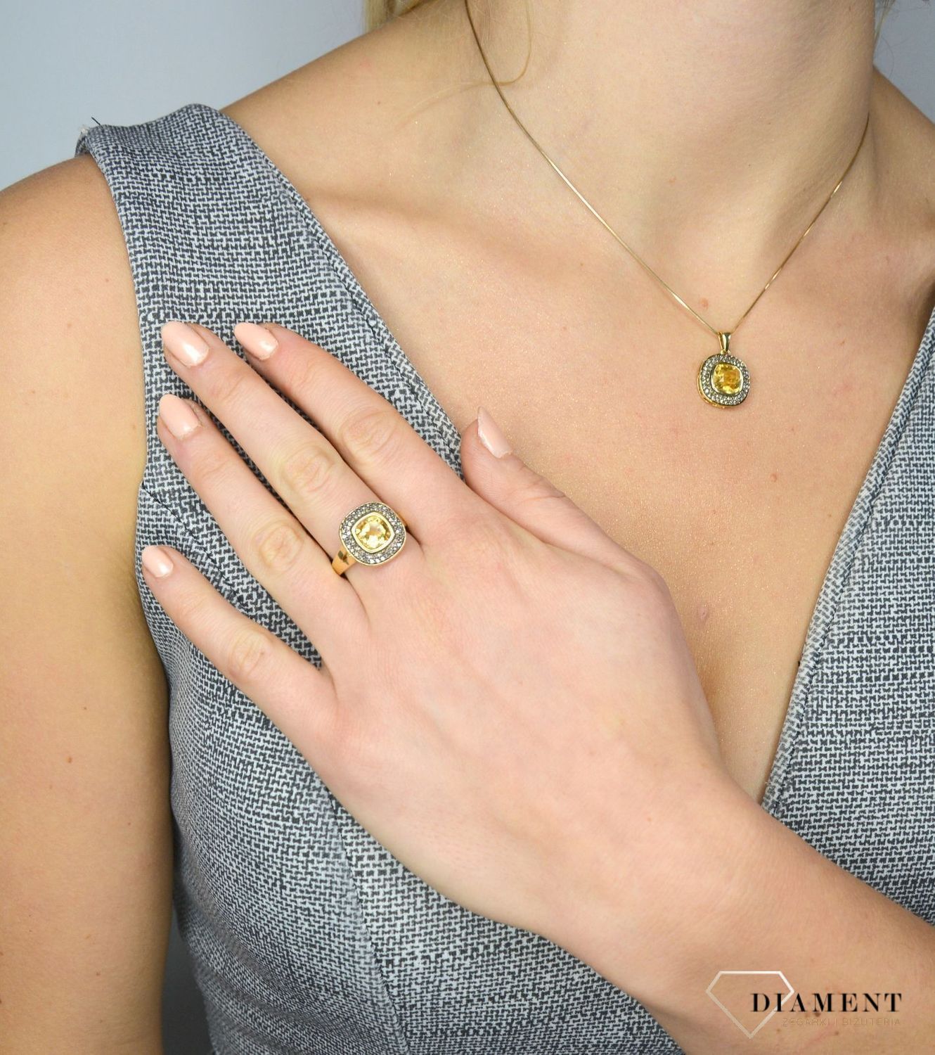 Złota pierścionek DIAMENT cytryn, diamenty R 2354CTCH.jpg